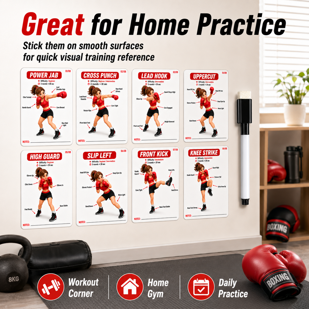 Home Gym Guide - 8-Pack Training Guide Stickers + 1