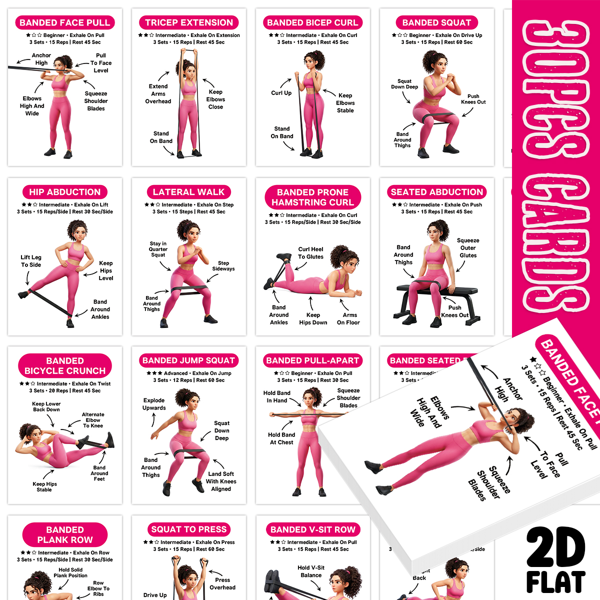 Home Gym Guide - 30pcs Banded Exercise Cards,Full-Body Workout Flashcard